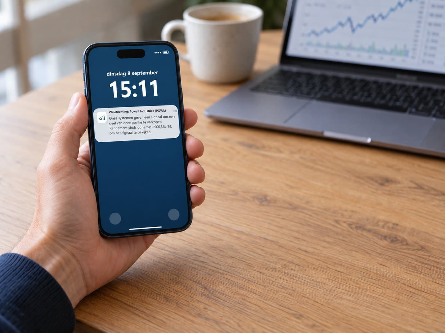 Een hand met een telefoon waarop een melding van Beterbeleggen binnenkomt: winstneming op Powell Industries, rendement sinds opname +900,3%